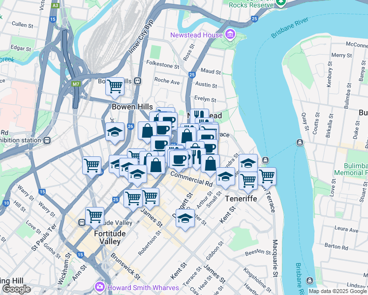 map of restaurants, bars, coffee shops, grocery stores, and more near 1 Breakfast Creek Road in Newstead