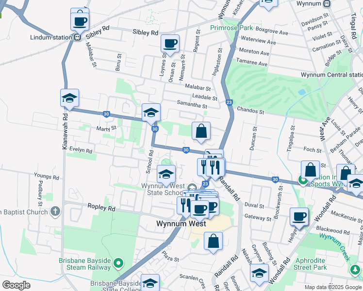 map of restaurants, bars, coffee shops, grocery stores, and more near 55 New Lindum Road in Wynnum West