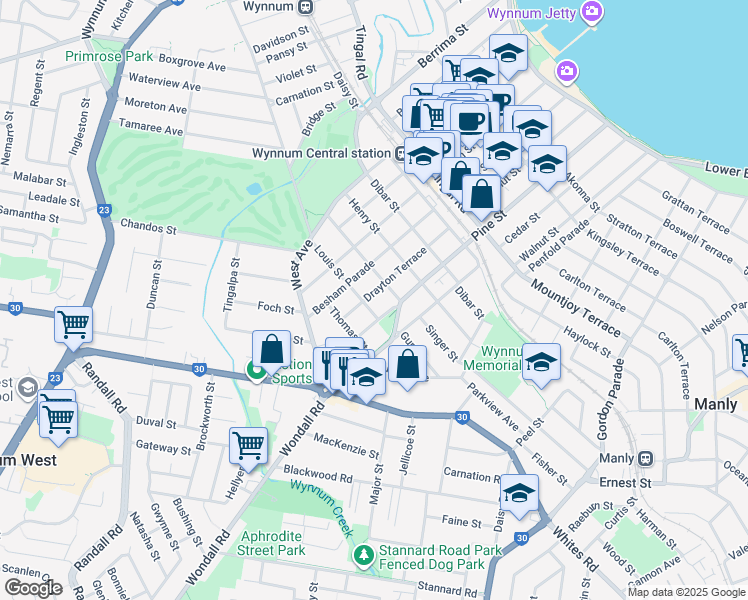 map of restaurants, bars, coffee shops, grocery stores, and more near 88 Drayton Terrace in Wynnum