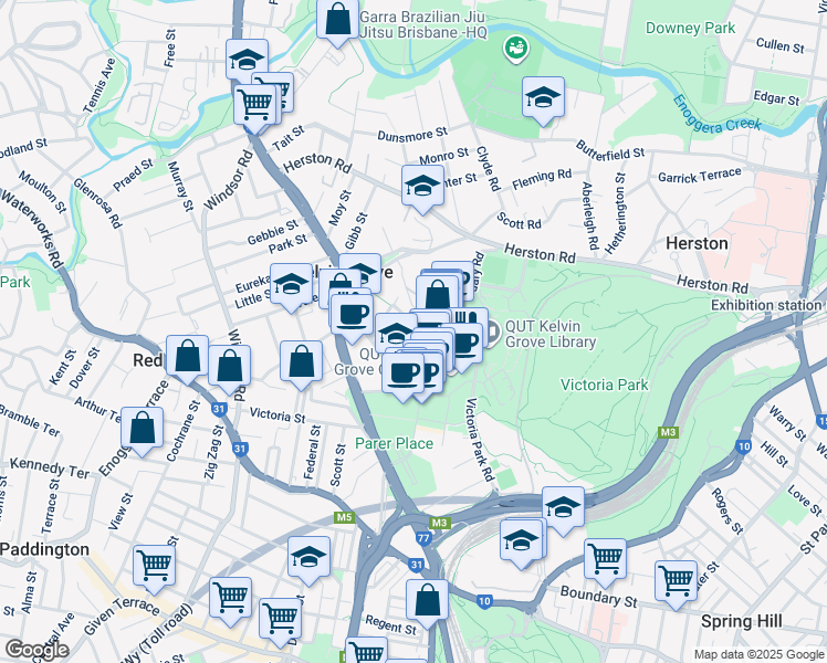 map of restaurants, bars, coffee shops, grocery stores, and more near 148 Victoria Park Road in Kelvin Grove