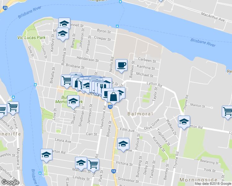 map of restaurants, bars, coffee shops, grocery stores, and more near 15 Lytton Road in Balmoral