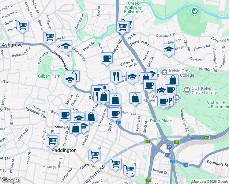 map of restaurants, bars, coffee shops, grocery stores, and more near 56 Windsor Road in Red Hill