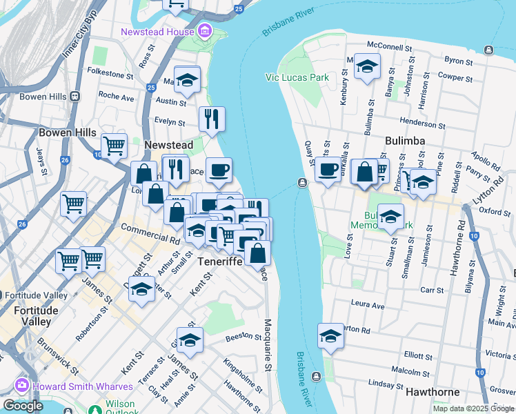 map of restaurants, bars, coffee shops, grocery stores, and more near Jetty in Brisbane City