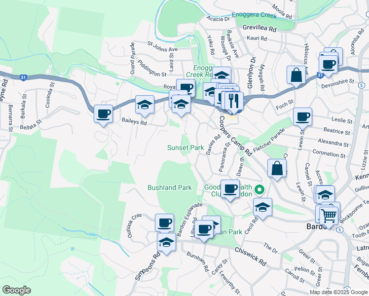 map of restaurants, bars, coffee shops, grocery stores, and more near 30 Monoplane Street in Ashgrove