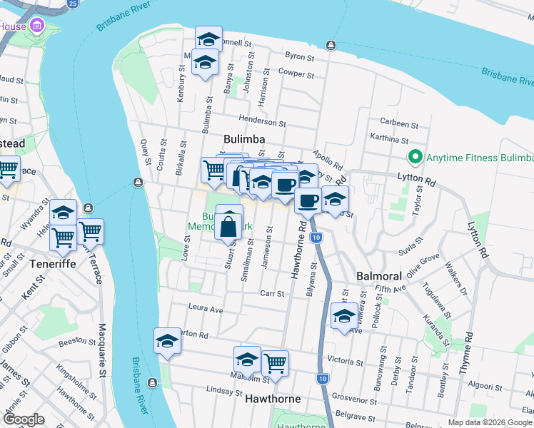 map of restaurants, bars, coffee shops, grocery stores, and more near 11 Jamieson Street in Bulimba