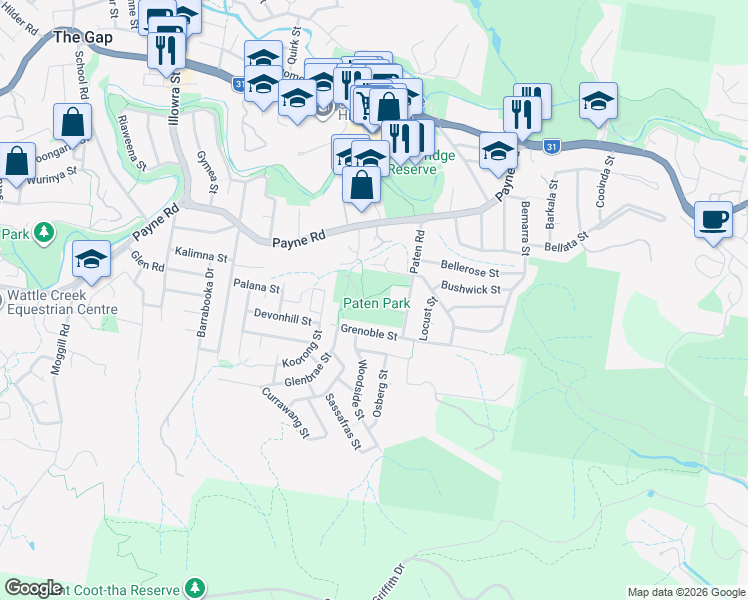 map of restaurants, bars, coffee shops, grocery stores, and more near 53A Paten Road in The Gap
