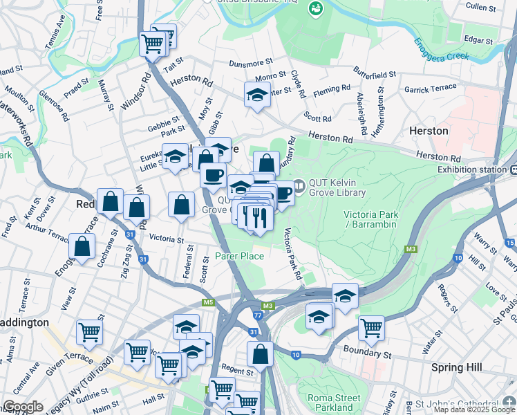 map of restaurants, bars, coffee shops, grocery stores, and more near 76 Musk Avenue in Kelvin Grove