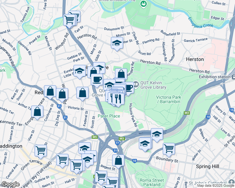 map of restaurants, bars, coffee shops, grocery stores, and more near 76 Musk Avenue in Kelvin Grove