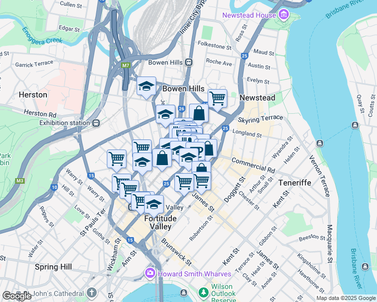map of restaurants, bars, coffee shops, grocery stores, and more near 540 Wickham Street in Fortitude Valley
