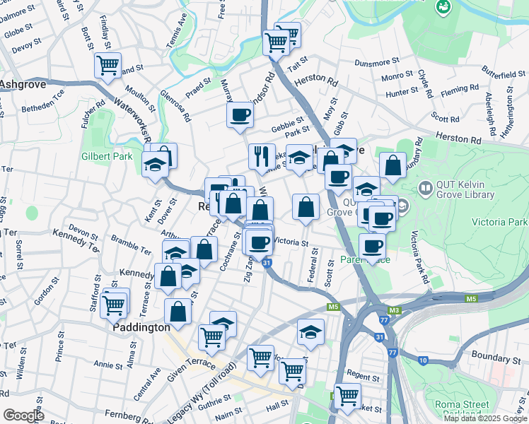 map of restaurants, bars, coffee shops, grocery stores, and more near 32 Windsor Road in Red Hill