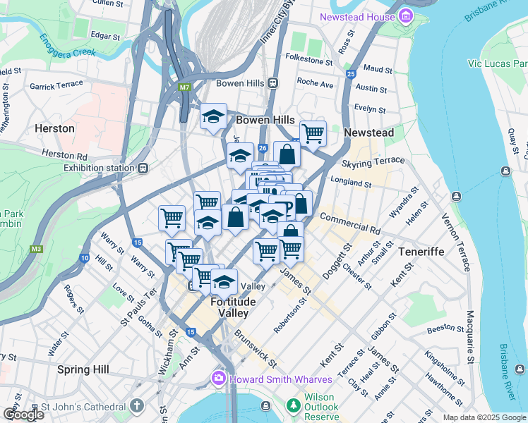 map of restaurants, bars, coffee shops, grocery stores, and more near 512 Wickham Street in Fortitude Valley