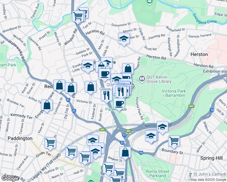 map of restaurants, bars, coffee shops, grocery stores, and more near 12 School Street in Kelvin Grove