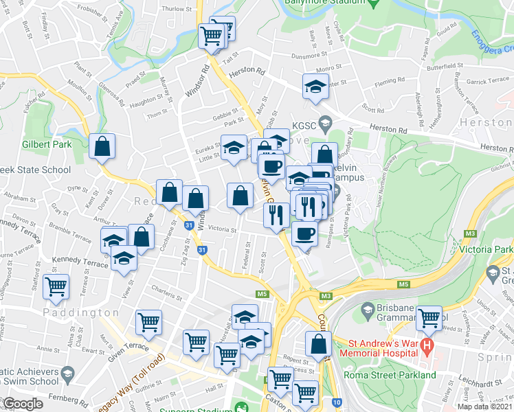 map of restaurants, bars, coffee shops, grocery stores, and more near 13 Dalley Street in Kelvin Grove