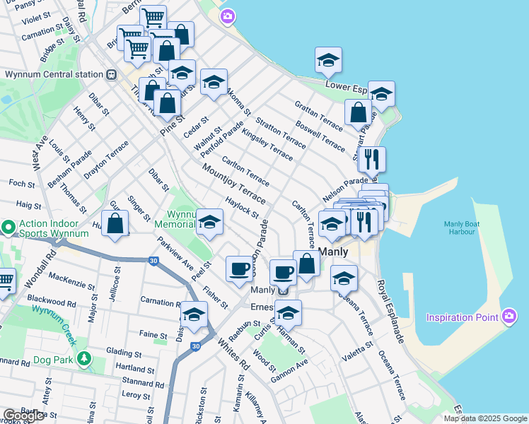 map of restaurants, bars, coffee shops, grocery stores, and more near 104 Gordon Parade in Manly