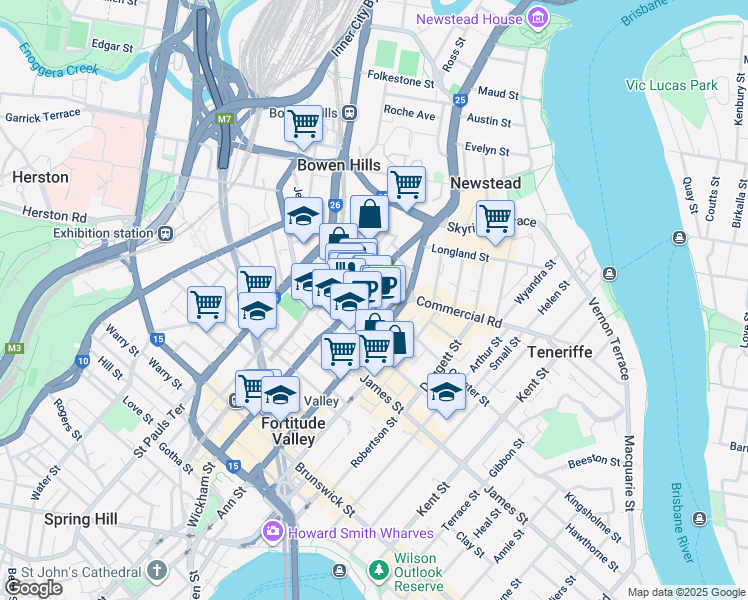 map of restaurants, bars, coffee shops, grocery stores, and more near 1000 Ann Street in Fortitude Valley