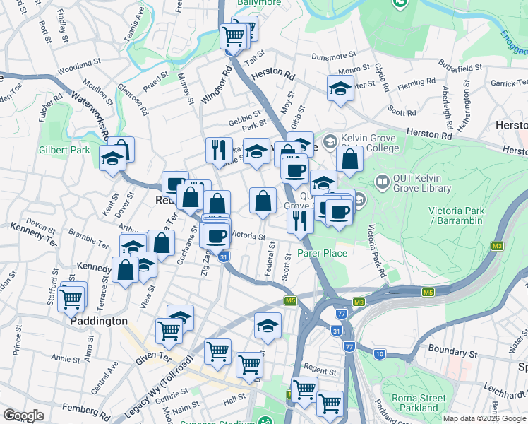 map of restaurants, bars, coffee shops, grocery stores, and more near 17 Rusden Street in Kelvin Grove