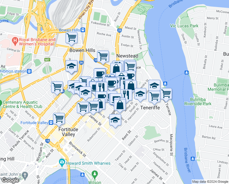 map of restaurants, bars, coffee shops, grocery stores, and more near 26 Commercial Road in Newstead