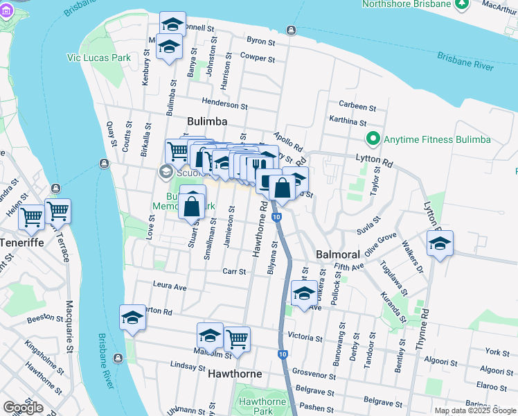 map of restaurants, bars, coffee shops, grocery stores, and more near 454 Hawthorne Road in Bulimba