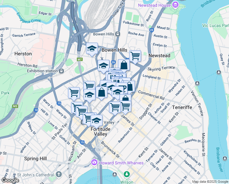 map of restaurants, bars, coffee shops, grocery stores, and more near 512 Wickham Street in Fortitude Valley