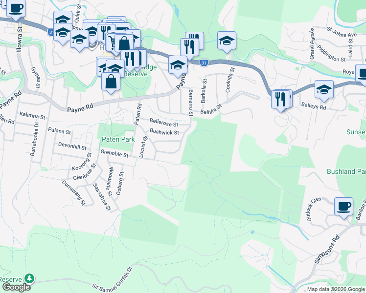 map of restaurants, bars, coffee shops, grocery stores, and more near 74 Bernarra Street in The Gap