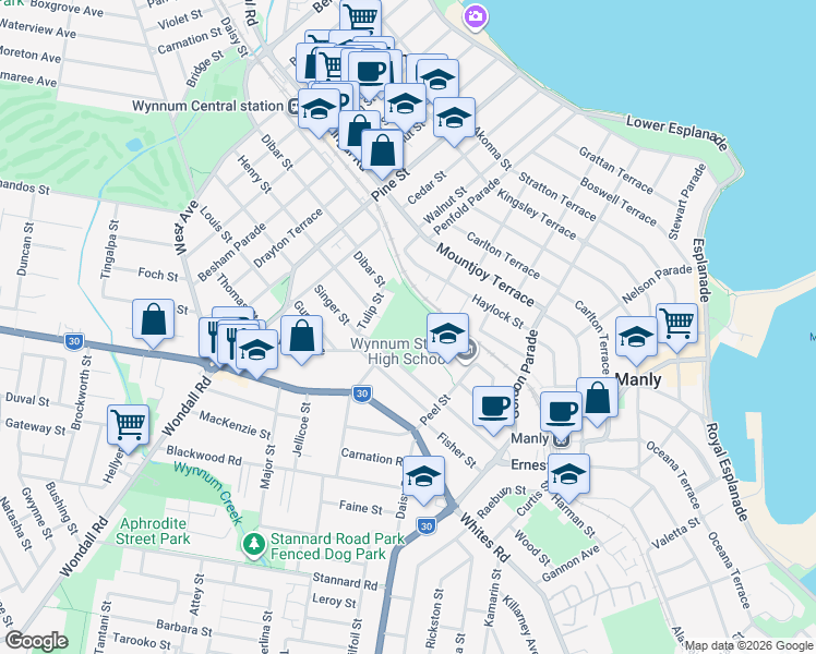 map of restaurants, bars, coffee shops, grocery stores, and more near 105 Buderim Street in Wynnum