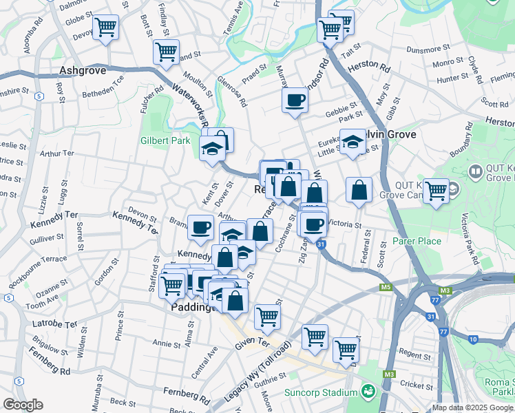 map of restaurants, bars, coffee shops, grocery stores, and more near 33 Enoggera Terrace in Red Hill