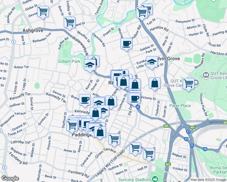 map of restaurants, bars, coffee shops, grocery stores, and more near 27 Enoggera Terrace in Red Hill