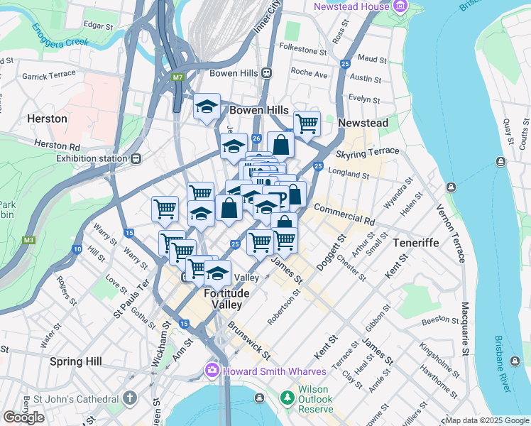map of restaurants, bars, coffee shops, grocery stores, and more near 540 Wickham Street in Fortitude Valley