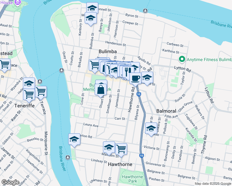 map of restaurants, bars, coffee shops, grocery stores, and more near 35 Jamieson Street in Bulimba