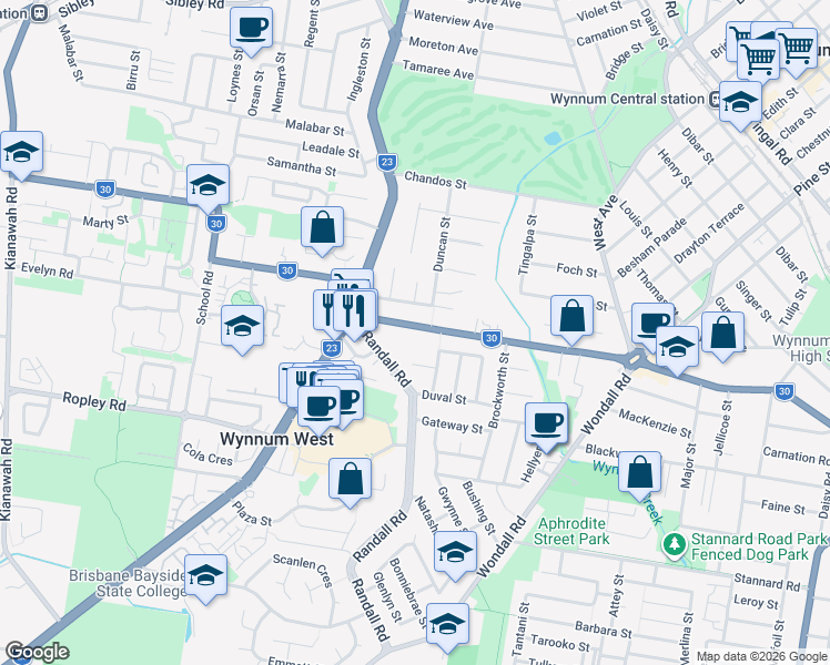 map of restaurants, bars, coffee shops, grocery stores, and more near 304 Preston Road in Wynnum West