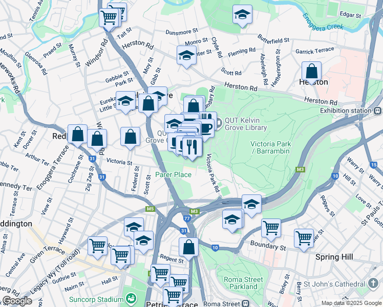 map of restaurants, bars, coffee shops, grocery stores, and more near 59 Blamey Street in Kelvin Grove