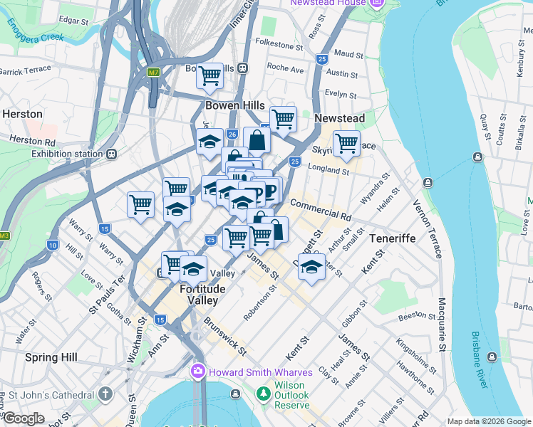 map of restaurants, bars, coffee shops, grocery stores, and more near 1000 Ann Street in Fortitude Valley