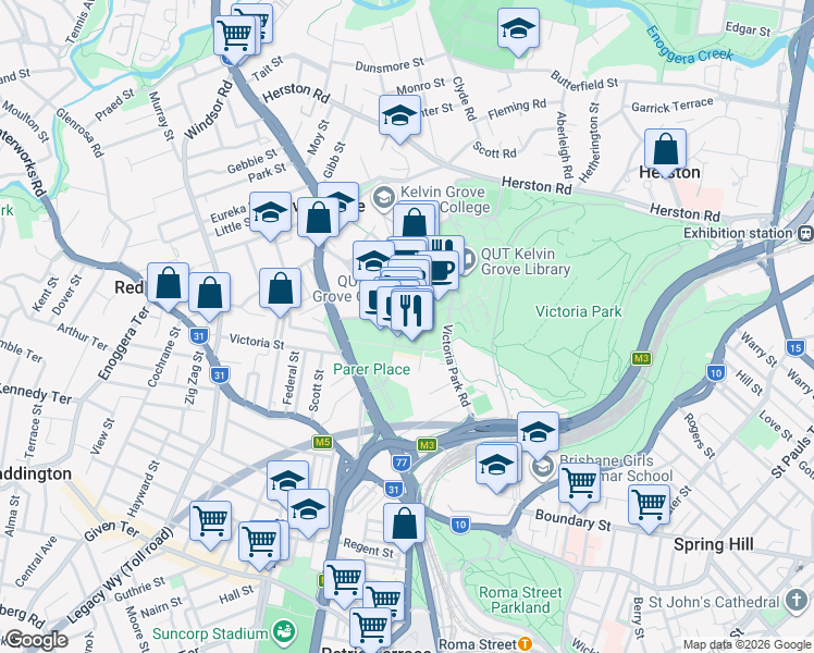 map of restaurants, bars, coffee shops, grocery stores, and more near 59 Blamey Street in Kelvin Grove