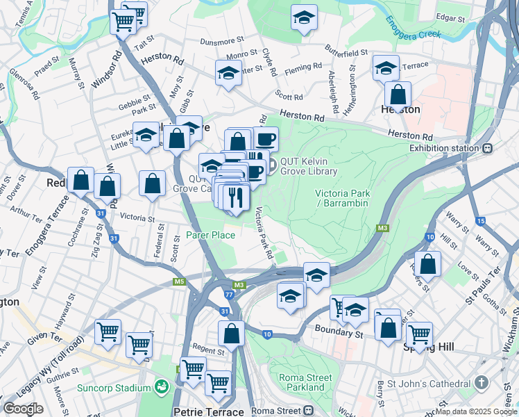 map of restaurants, bars, coffee shops, grocery stores, and more near Victoria Park Road in Kelvin Grove
