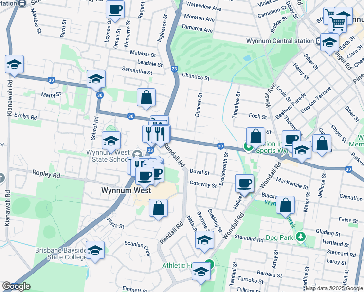 map of restaurants, bars, coffee shops, grocery stores, and more near 308A Preston Road in Wynnum West