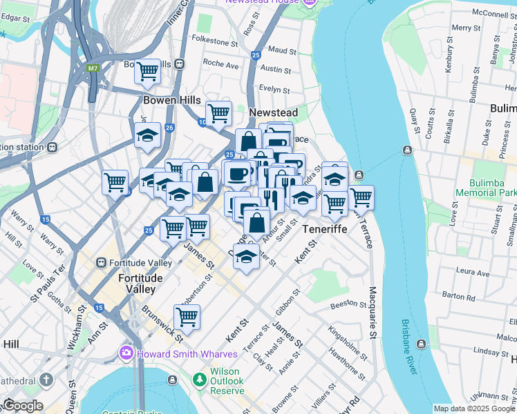 map of restaurants, bars, coffee shops, grocery stores, and more near 45 Commercial Road in Newstead