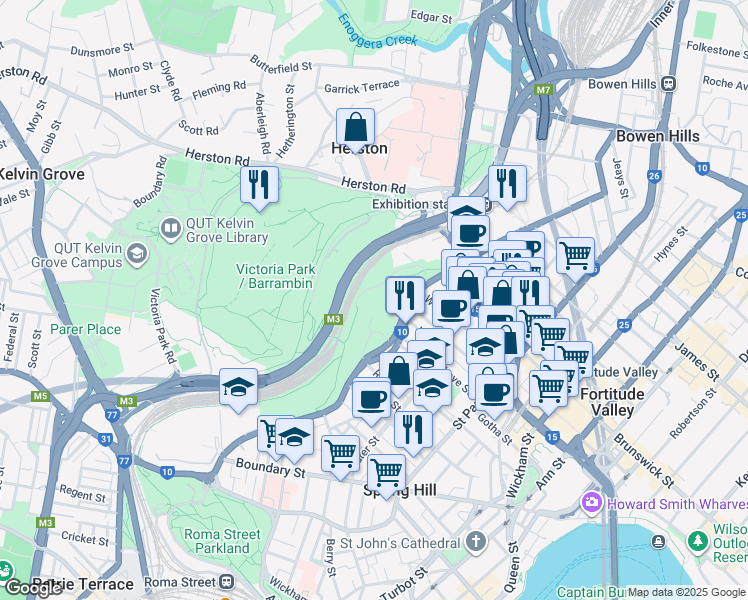 map of restaurants, bars, coffee shops, grocery stores, and more near 454 Gregory Terrace in Spring Hill