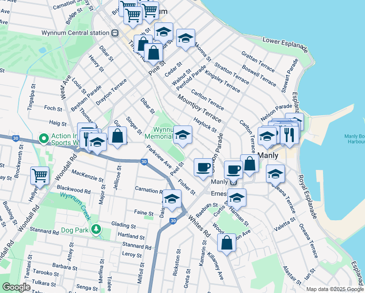 map of restaurants, bars, coffee shops, grocery stores, and more near 77 Buderim Street in Wynnum