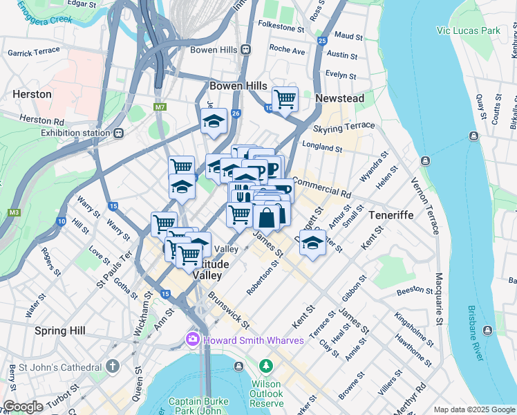 map of restaurants, bars, coffee shops, grocery stores, and more near 900 Ann Street in Fortitude Valley
