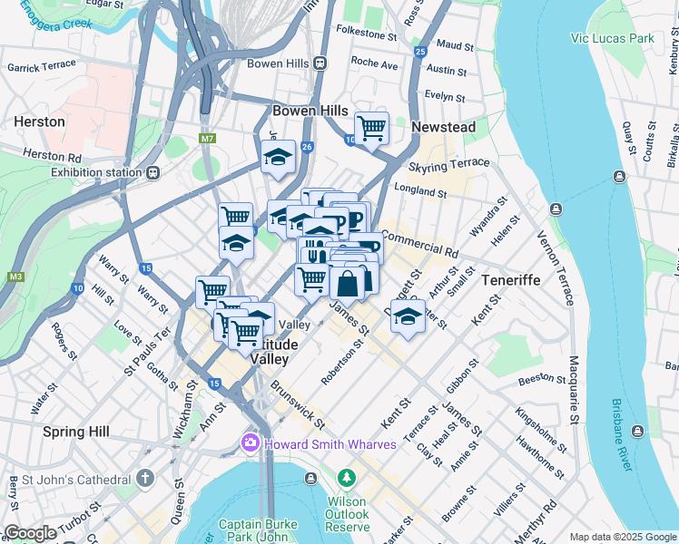 map of restaurants, bars, coffee shops, grocery stores, and more near 900 Ann Street in Fortitude Valley
