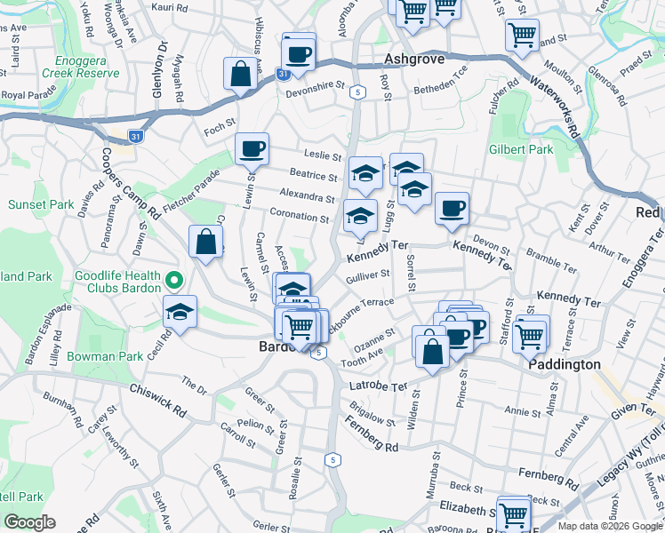 map of restaurants, bars, coffee shops, grocery stores, and more near 135 Jubilee Terrace in Bardon