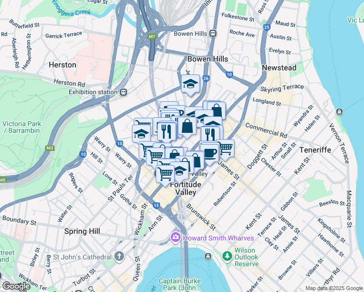 map of restaurants, bars, coffee shops, grocery stores, and more near 503 Saint Pauls Terrace in Fortitude Valley