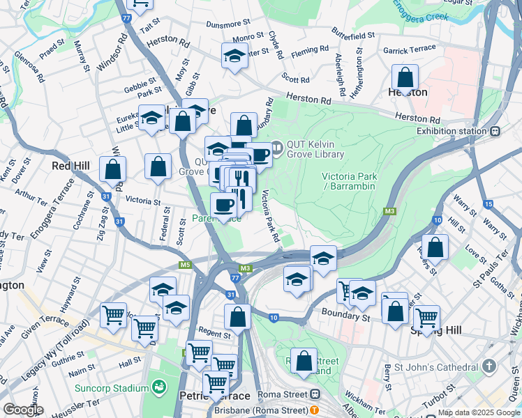 map of restaurants, bars, coffee shops, grocery stores, and more near 50 Victoria Park Road in Kelvin Grove