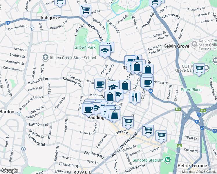 map of restaurants, bars, coffee shops, grocery stores, and more near 24 Arthur Terrace in Red Hill
