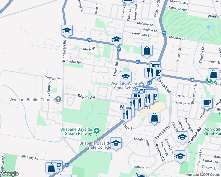 map of restaurants, bars, coffee shops, grocery stores, and more near 91 School Road in Wynnum West