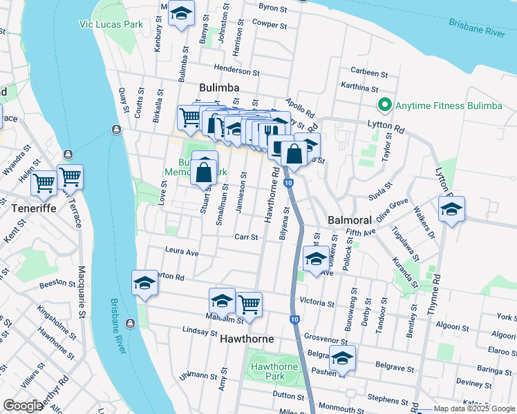 map of restaurants, bars, coffee shops, grocery stores, and more near 16 Bevis Street in Bulimba