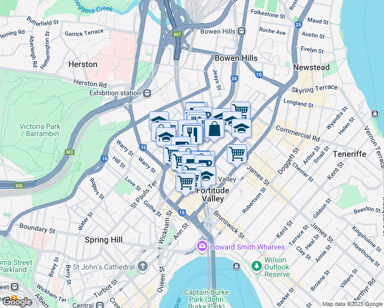 map of restaurants, bars, coffee shops, grocery stores, and more near 51 Alfred Street in Fortitude Valley