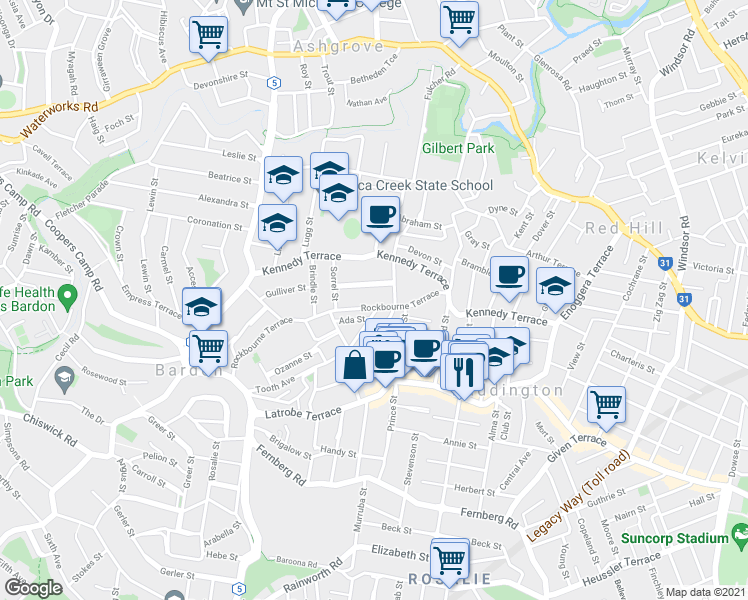 map of restaurants, bars, coffee shops, grocery stores, and more near 41 Rockbourne Terrace in Paddington
