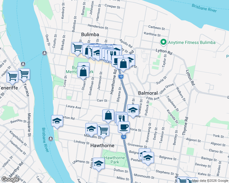 map of restaurants, bars, coffee shops, grocery stores, and more near 425 Hawthorne Road in Bulimba