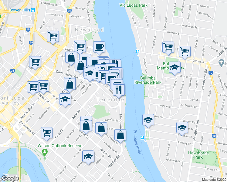 map of restaurants, bars, coffee shops, grocery stores, and more near 36 Florence Street in Teneriffe